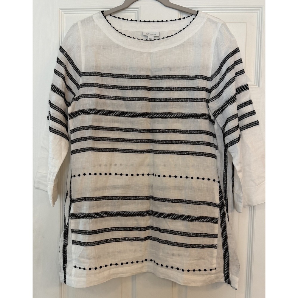 J.Jill Love Linen Tunic Top White Black 3/4 Sleeve Basic Minimalist Oversized S